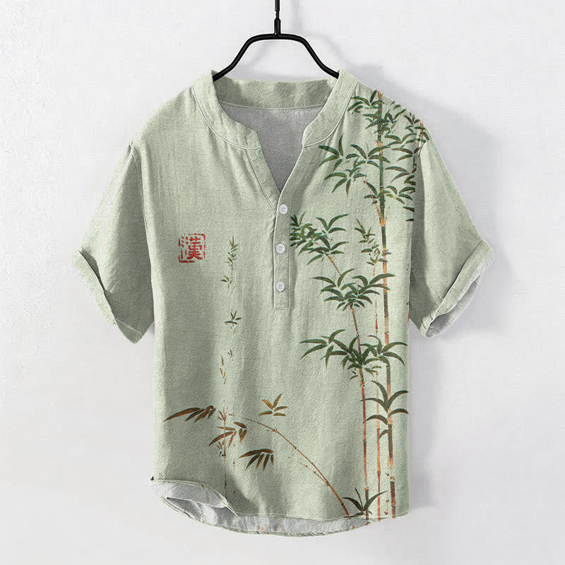 Buddha Stones Cotton Bamboo Ink Wash Pattern Men's Short Sleeve Half Button Shirt - PaleGreen - US/UK/AU50，EU60 (5XL) - image 0