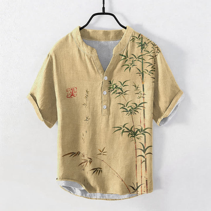 Buddha Stones Cotton Bamboo Ink Wash Pattern Men's Short Sleeve Half Button Shirt - BurlyWood - US/UK/AU50，EU60 (5XL) - image 5