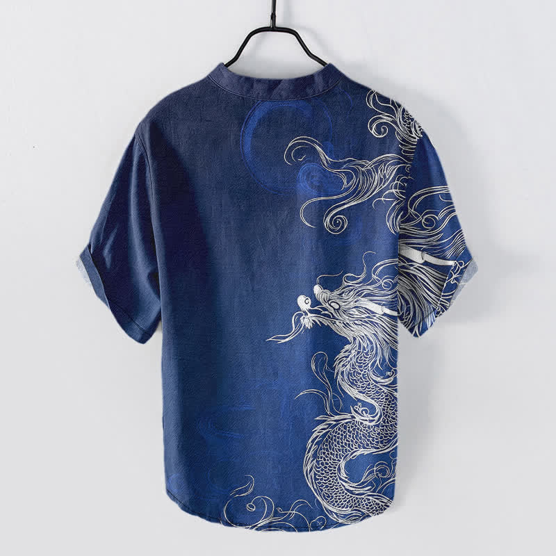 Buddha Stones Cotton Large White Dragon Pattern Men's Short Sleeve Half Button Shirt - image 1