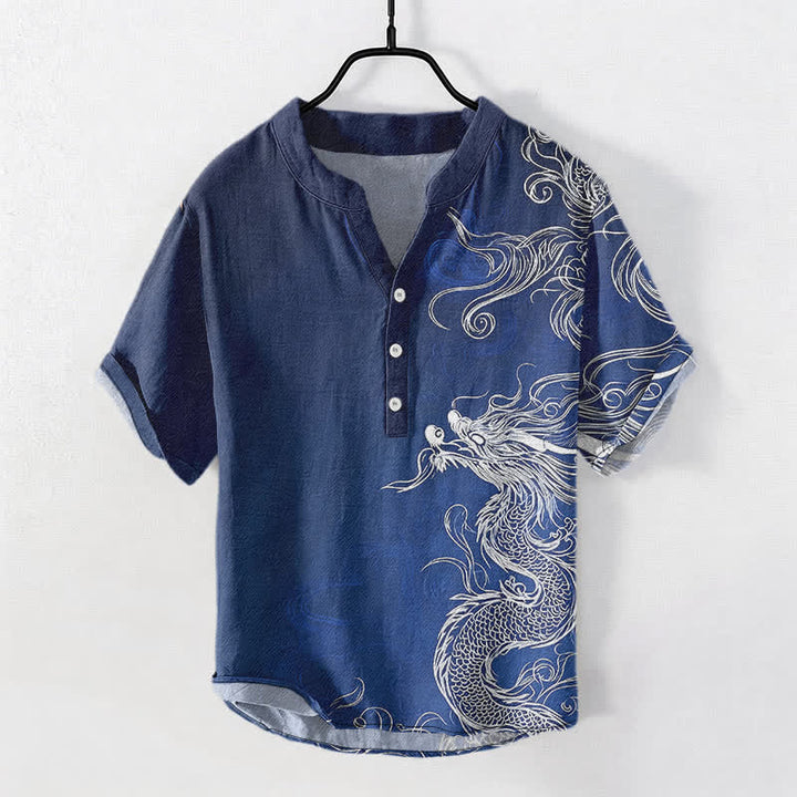 Buddha Stones Cotton Large White Dragon Pattern Men's Short Sleeve Half Button Shirt - Navy - US/UK/AU50，EU60 (5XL) - image 0