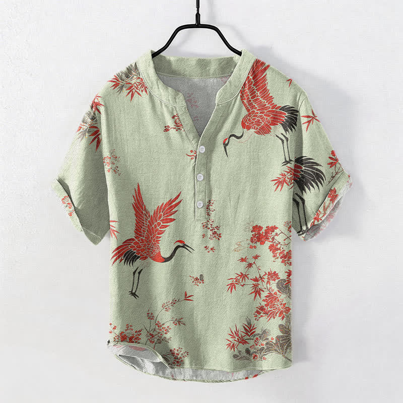 Buddha Stones Cotton Red Crane Floral Pattern Men's Short Sleeve Half Button Shirt - PaleGreen - US/UK/AU50，EU60 (5XL) - image 3