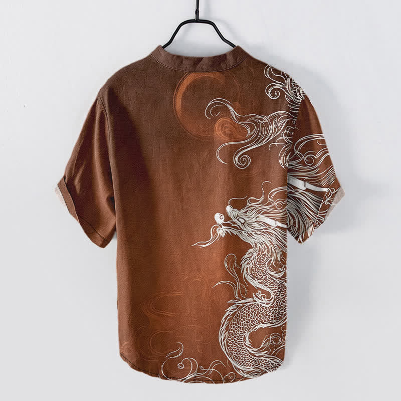 Buddha Stones Cotton Large White Dragon Pattern Men's Short Sleeve Half Button Shirt - image 6