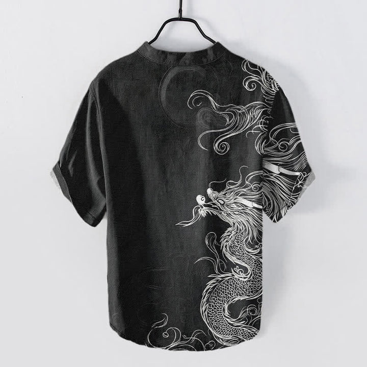 Buddha Stones Cotton Large White Dragon Pattern Men's Short Sleeve Half Button Shirt - image 8