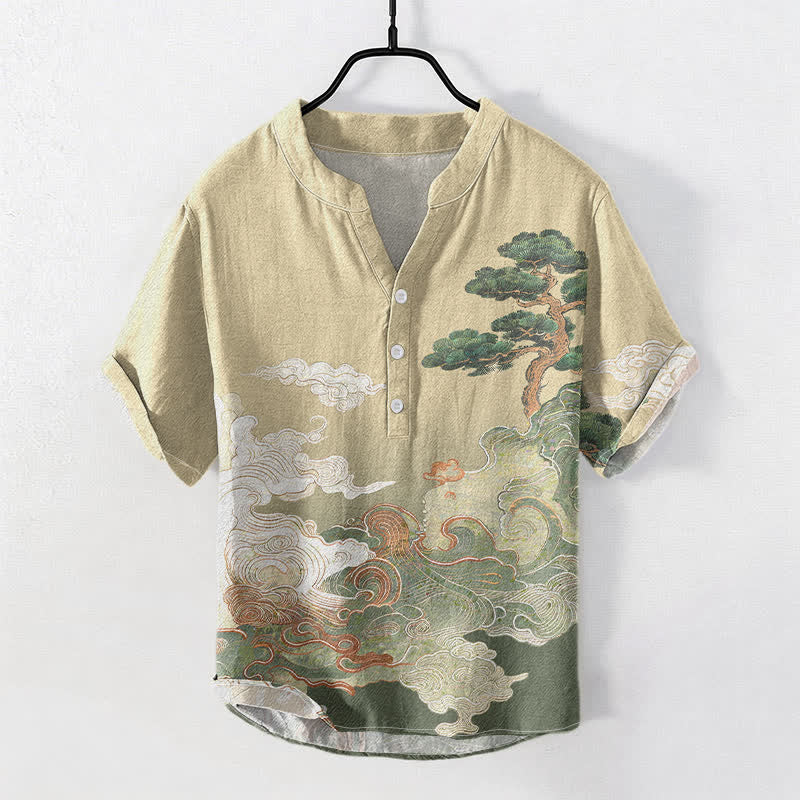 Buddha Stones Cotton Ink Pine Wave Pattern Men's Short Sleeve Half Button Shirt - Khaki - US/UK/AU50，EU60 (5XL) - image 0