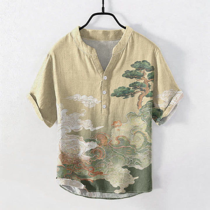 Buddha Stones Cotton Ink Pine Wave Pattern Men's Short Sleeve Half Button Shirt - Khaki - US/UK/AU50，EU60 (5XL) - image 0