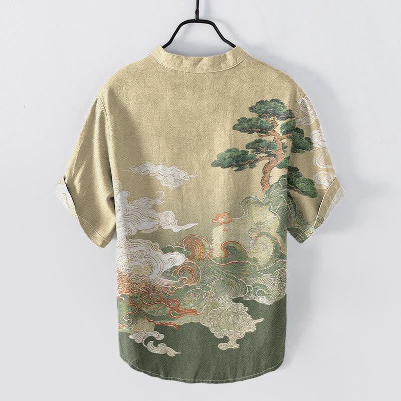 Buddha Stones Cotton Ink Pine Wave Pattern Men's Short Sleeve Half Button Shirt - image 1