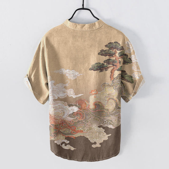 Buddha Stones Cotton Ink Pine Wave Pattern Men's Short Sleeve Half Button Shirt - image 4