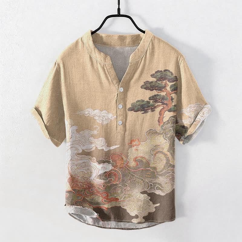 Buddha Stones Cotton Ink Pine Wave Pattern Men's Short Sleeve Half Button Shirt - BurlyWood - US/UK/AU50，EU60 (5XL) - image 3