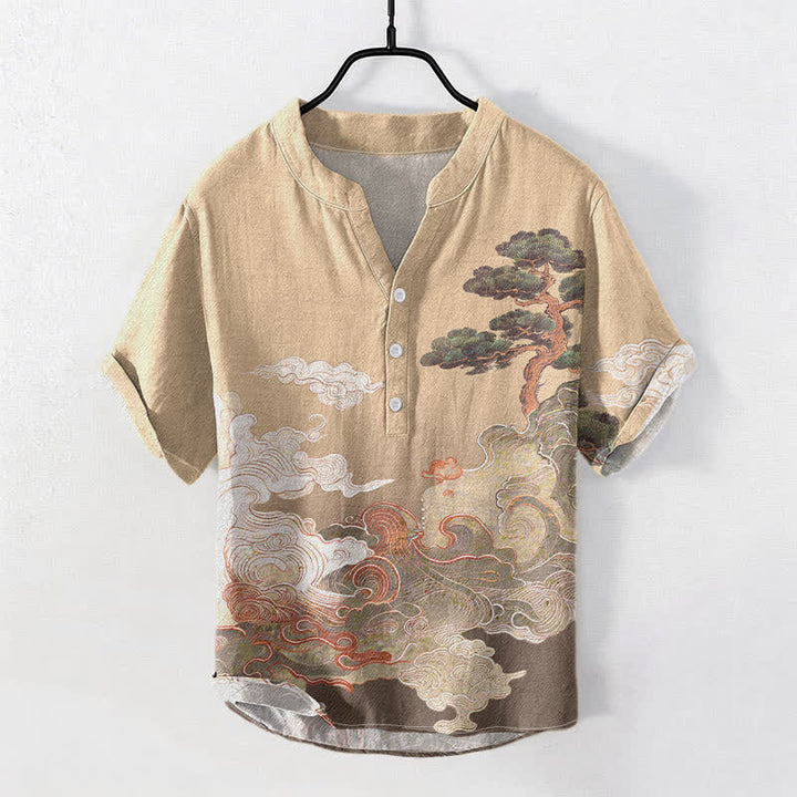 Buddha Stones Cotton Ink Pine Wave Pattern Men's Short Sleeve Half Button Shirt - BurlyWood - US/UK/AU50，EU60 (5XL) - image 3