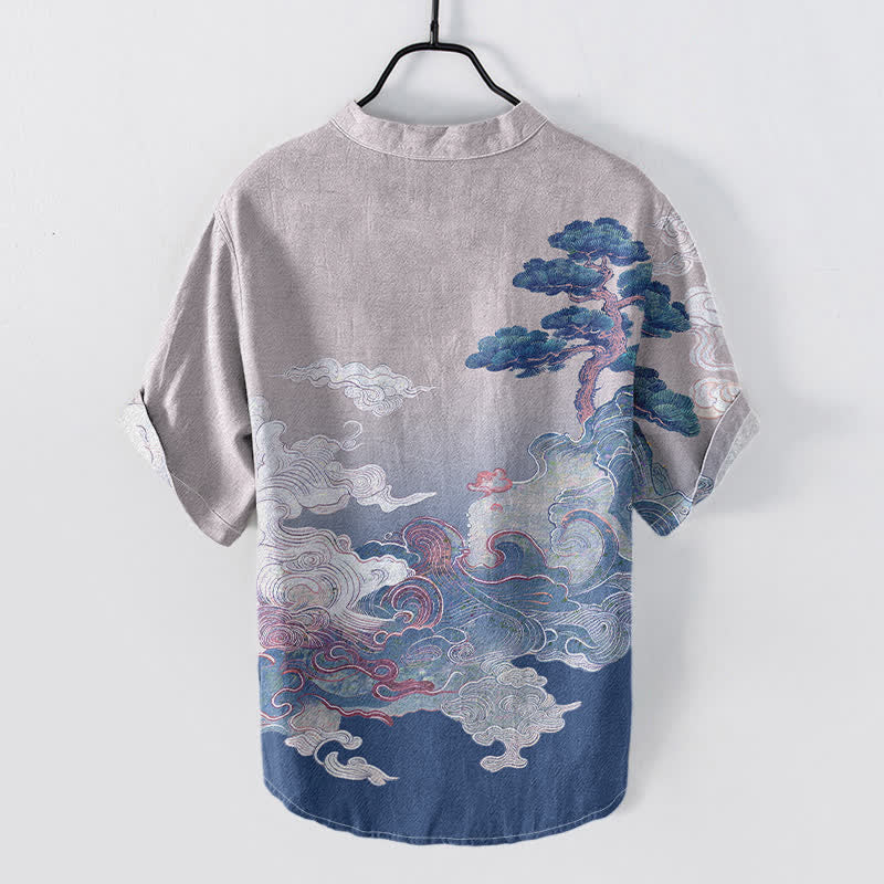 Buddha Stones Cotton Ink Pine Wave Pattern Men's Short Sleeve Half Button Shirt - image 6