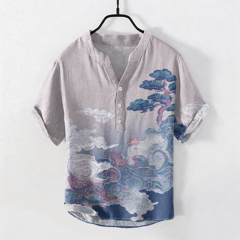 Buddha Stones Cotton Ink Pine Wave Pattern Men's Short Sleeve Half Button Shirt - Lavender - US/UK/AU50，EU60 (5XL) - image 5