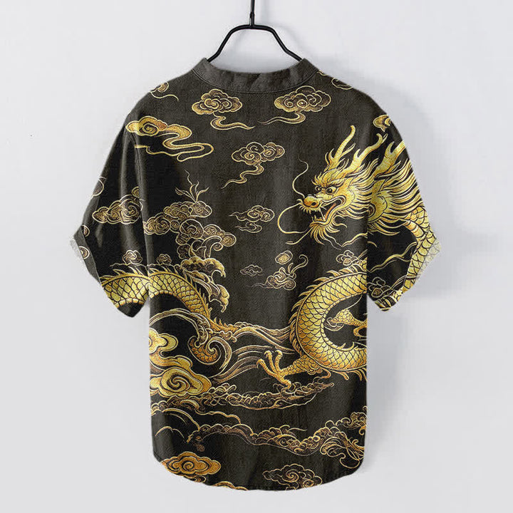 Buddha Stones Cotton Golden Dragon Cloud Pattern Men's Short Sleeve Half Button Shirt - image 1