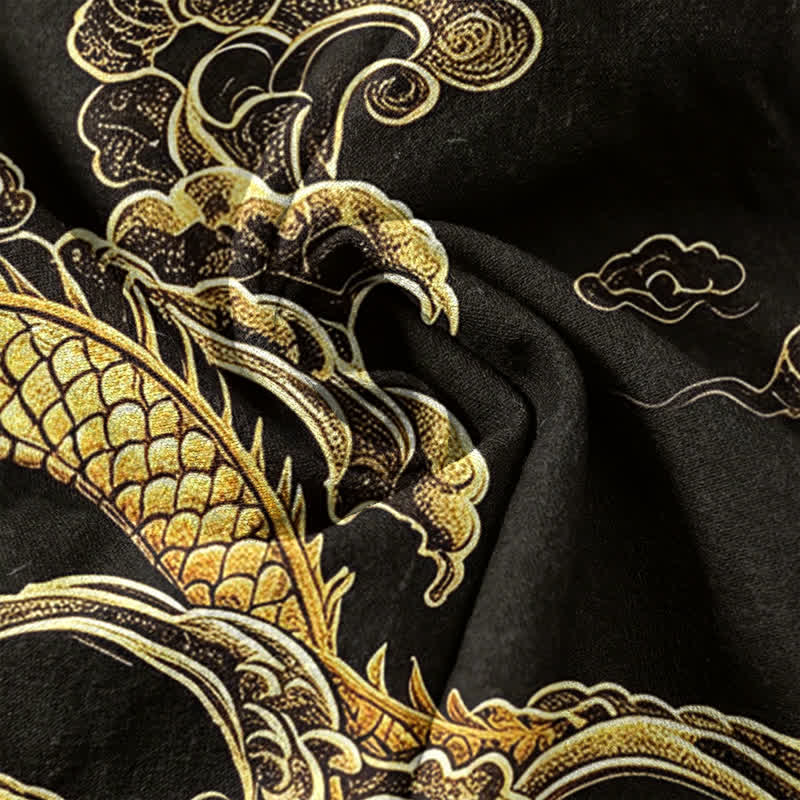 Buddha Stones Cotton Golden Dragon Cloud Pattern Men's Short Sleeve Half Button Shirt - image 3