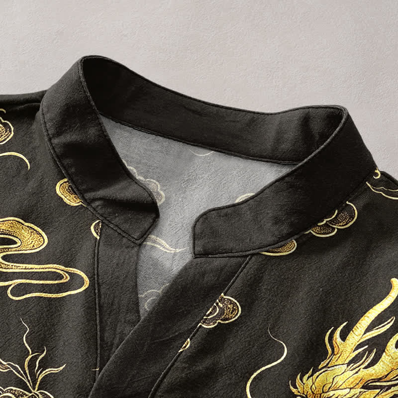 Buddha Stones Cotton Golden Dragon Cloud Pattern Men's Short Sleeve Half Button Shirt - image 2