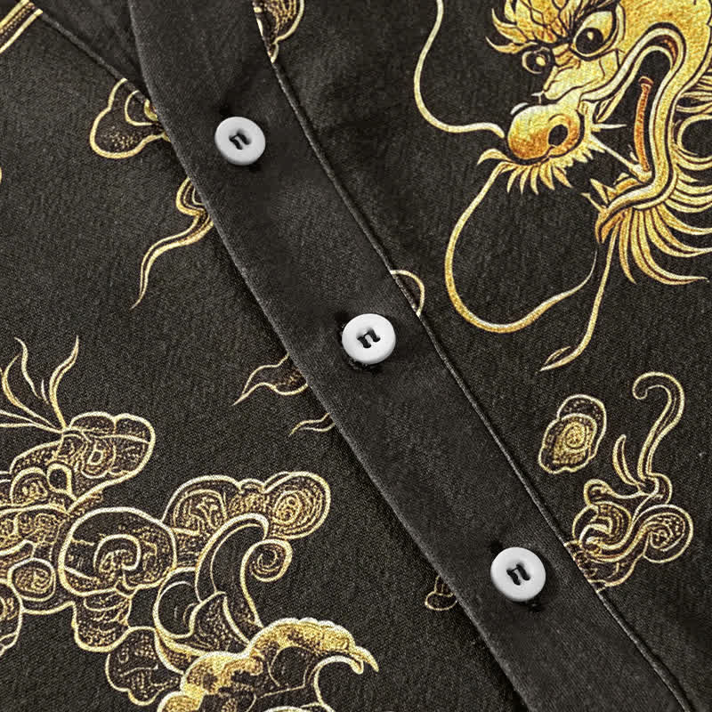 Buddha Stones Cotton Golden Dragon Cloud Pattern Men's Short Sleeve Half Button Shirt - image 4