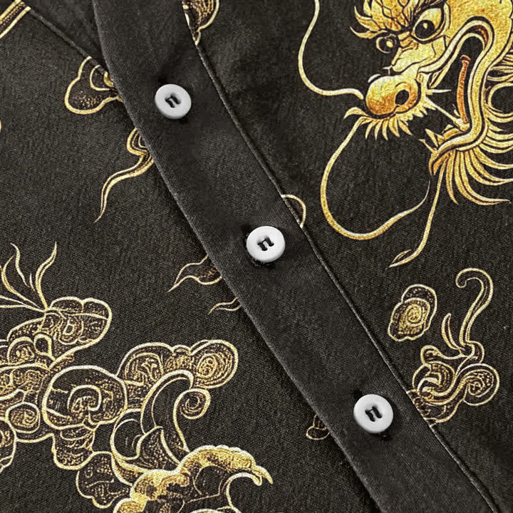 Buddha Stones Cotton Golden Dragon Cloud Pattern Men's Short Sleeve Half Button Shirt - image 4