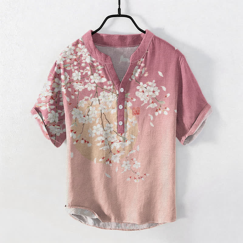 Buddha Stones Pure Cotton Cherry Blossom Watercolor Pattern Men's Short Sleeve Half Button Shirt - LightPink - US/UK/AU50，EU60 (5XL) - image 0