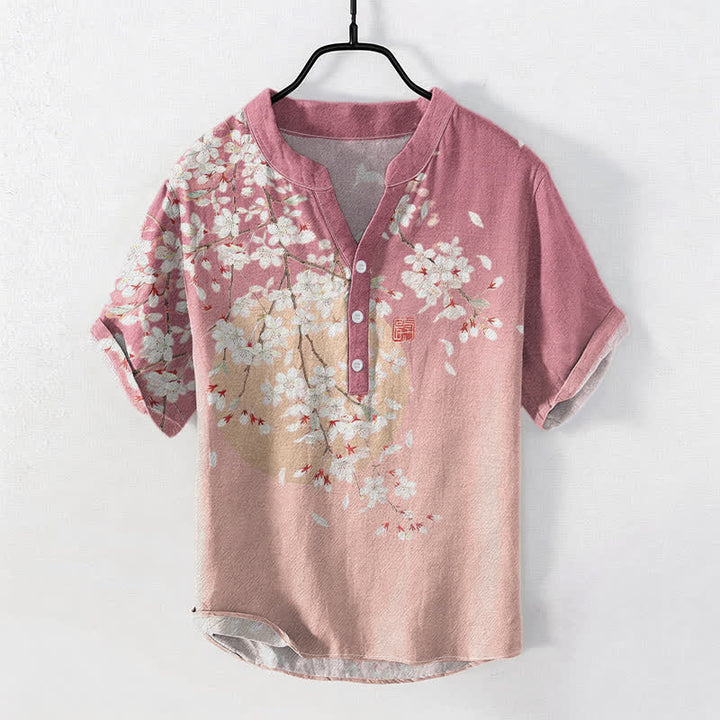Buddha Stones Pure Cotton Cherry Blossom Watercolor Pattern Men's Short Sleeve Half Button Shirt - LightPink - US/UK/AU50，EU60 (5XL) - image 0