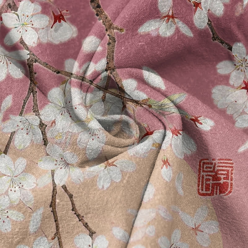 Buddha Stones Pure Cotton Cherry Blossom Watercolor Pattern Men's Short Sleeve Half Button Shirt - image 2