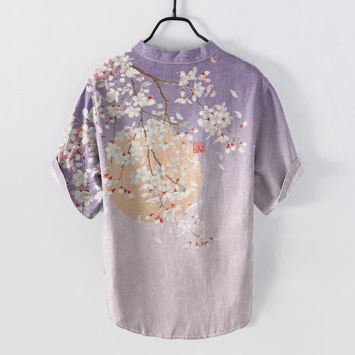 Buddha Stones Pure Cotton Cherry Blossom Watercolor Pattern Men's Short Sleeve Half Button Shirt - image 4