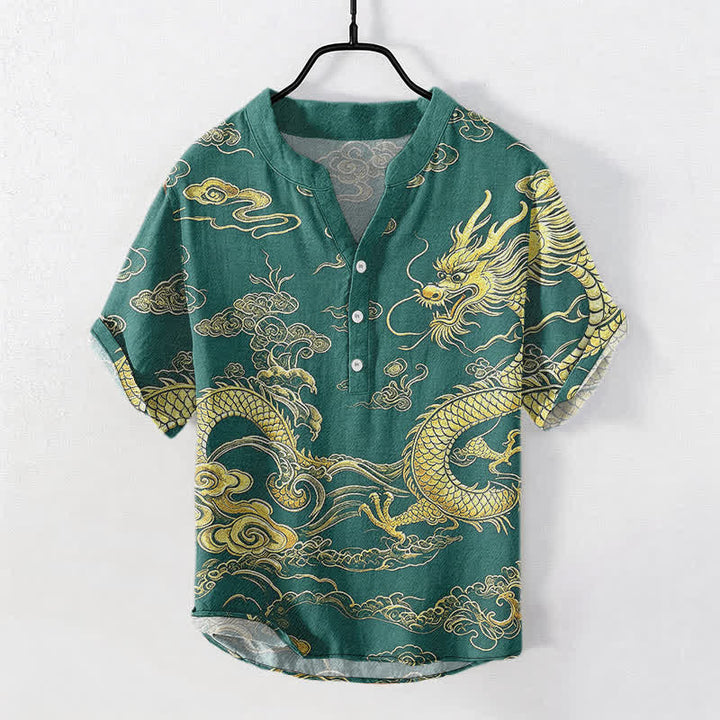 Buddha Stones Cotton Golden Dragon Cloud Pattern Men's Short Sleeve Half Button Shirt - SeaGreen - US/UK/AU50，EU60 (5XL) - image 7