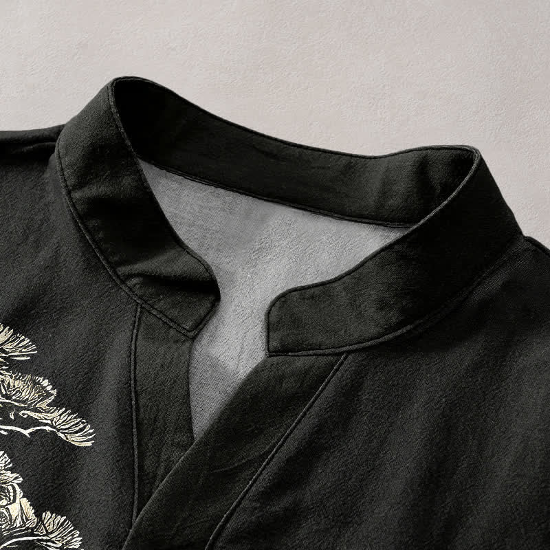 Buddha Stones Cotton Ink Wash Landscape Pattern Men's Short Sleeve Half Button Shirt - image 2