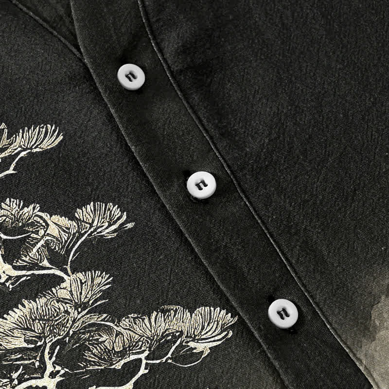 Buddha Stones Cotton Ink Wash Landscape Pattern Men's Short Sleeve Half Button Shirt - image 3