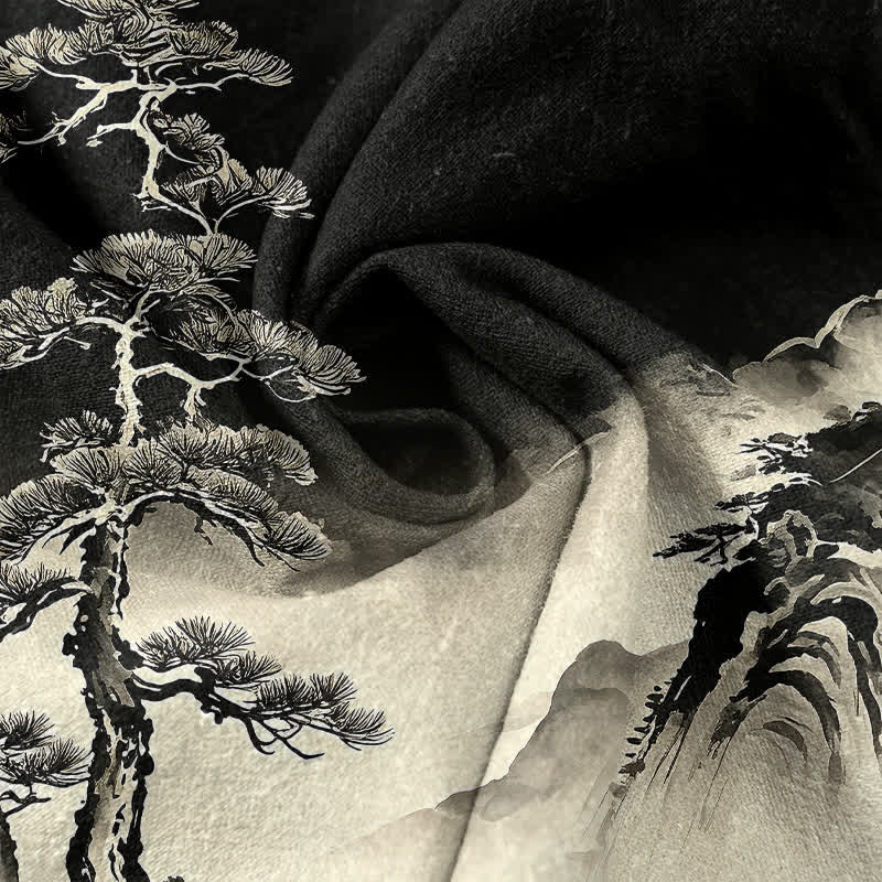 Buddha Stones Cotton Ink Wash Landscape Pattern Men's Short Sleeve Half Button Shirt - image 4