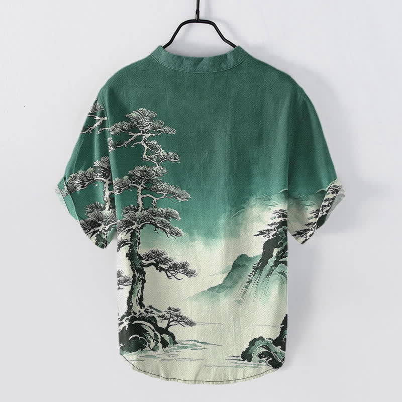 Buddha Stones Cotton Ink Wash Landscape Pattern Men's Short Sleeve Half Button Shirt - image 6