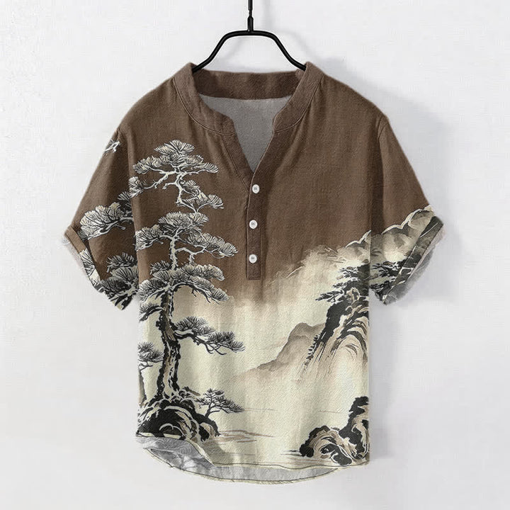 Buddha Stones Cotton Ink Wash Landscape Pattern Men's Short Sleeve Half Button Shirt - image 7