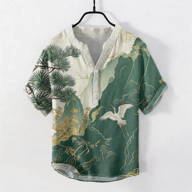 Buddha Stones Cotton Oriental Mountain Crane Landscape Pattern Men's Short Sleeve Half Button Shirt - ForestGreen - US/UK/AU50，EU60 (5XL) - image 0