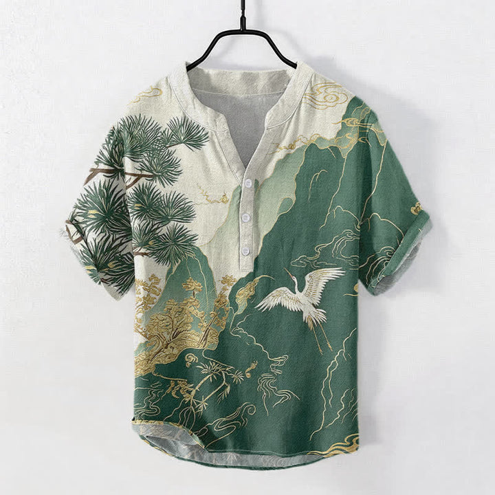 Buddha Stones Cotton Oriental Mountain Crane Landscape Pattern Men's Short Sleeve Half Button Shirt - ForestGreen - US/UK/AU50，EU60 (5XL) - image 0