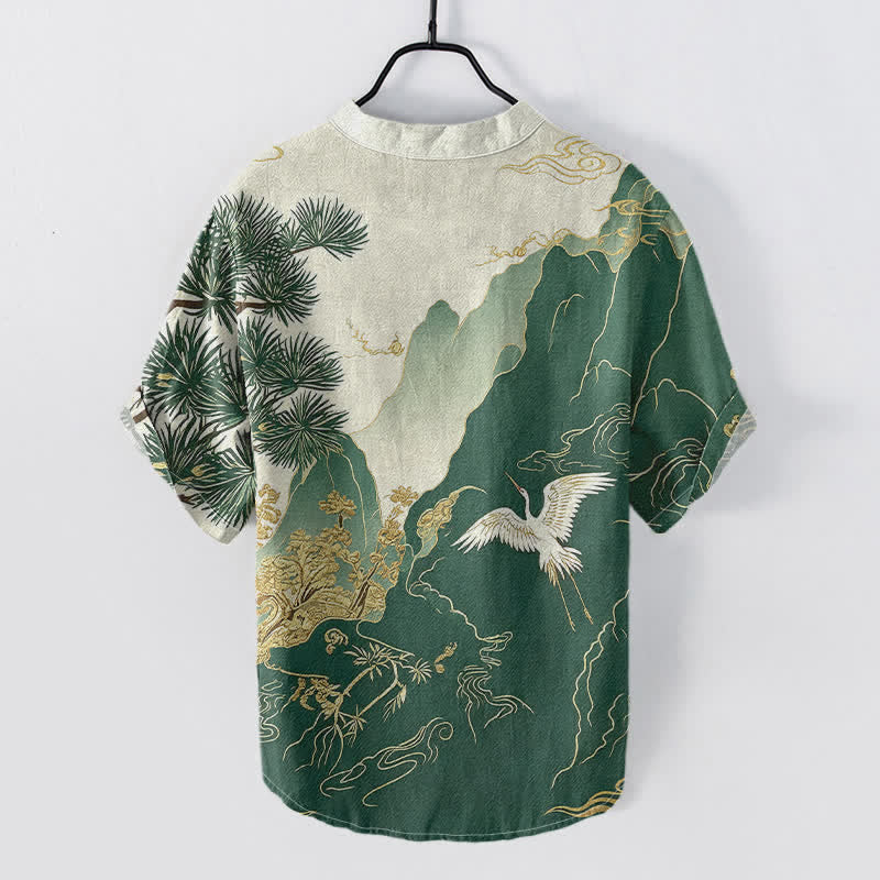 Buddha Stones Cotton Oriental Mountain Crane Landscape Pattern Men's Short Sleeve Half Button Shirt - image 1