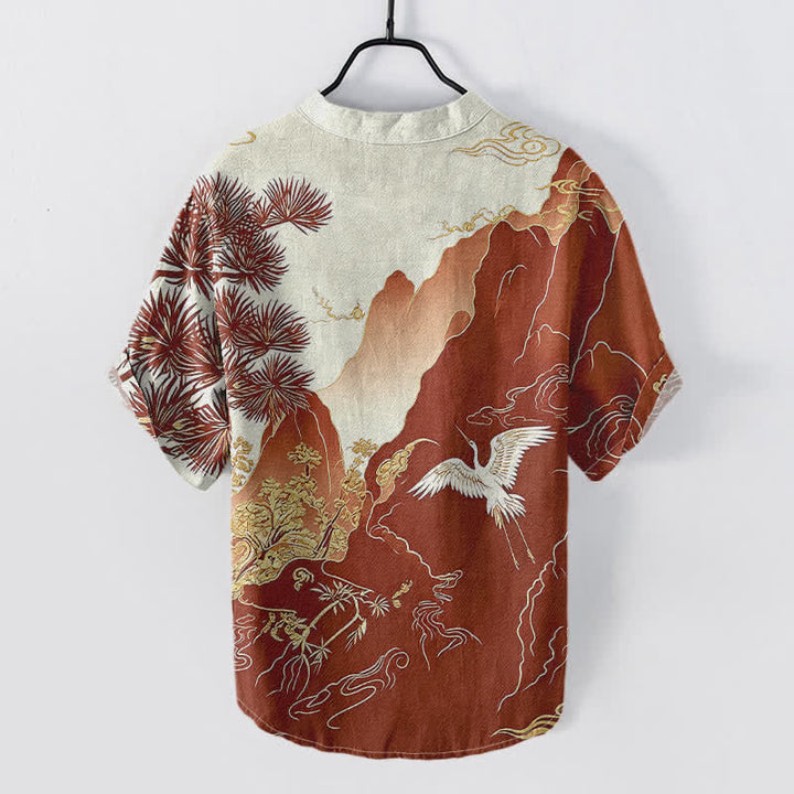 Buddha Stones Cotton Oriental Mountain Crane Landscape Pattern Men's Short Sleeve Half Button Shirt - image 4