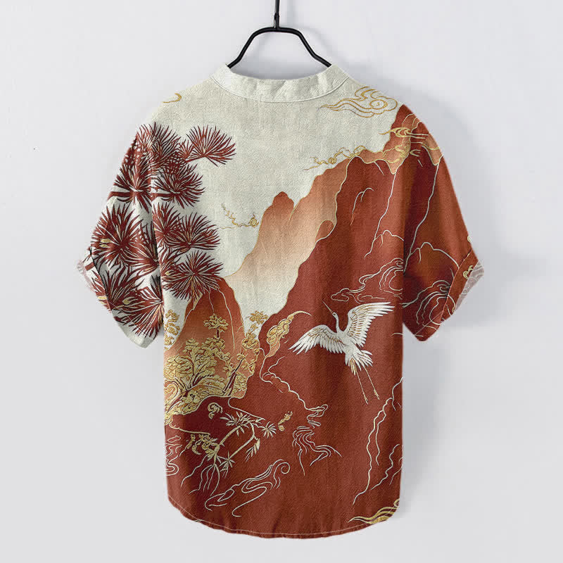 Buddha Stones Cotton Oriental Mountain Crane Landscape Pattern Men's Short Sleeve Half Button Shirt - image 4