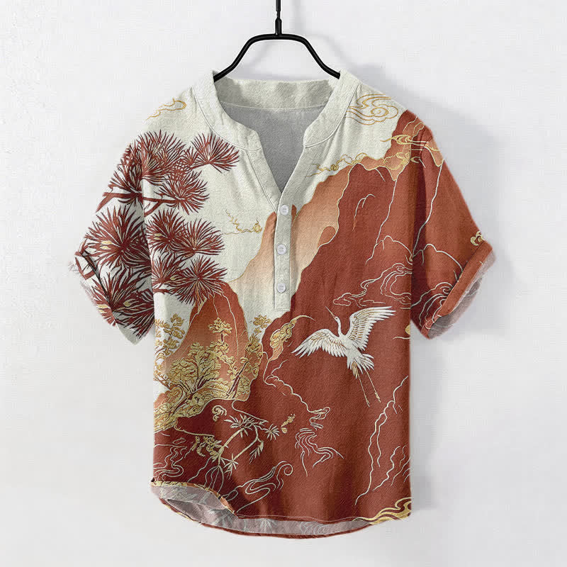Buddha Stones Cotton Oriental Mountain Crane Landscape Pattern Men's Short Sleeve Half Button Shirt - Sienna - US/UK/AU50，EU60 (5XL) - image 3