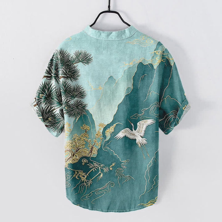 Buddha Stones Cotton Oriental Mountain Crane Landscape Pattern Men's Short Sleeve Half Button Shirt - image 6