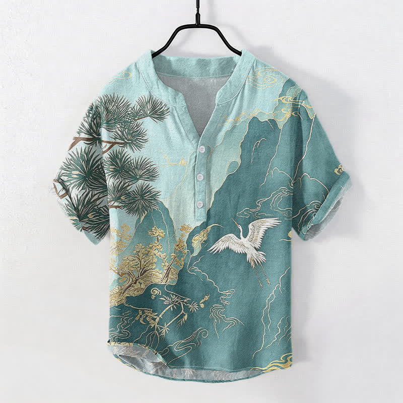 Buddha Stones Cotton Oriental Mountain Crane Landscape Pattern Men's Short Sleeve Half Button Shirt - CadetBlue - US/UK/AU50，EU60 (5XL) - image 5