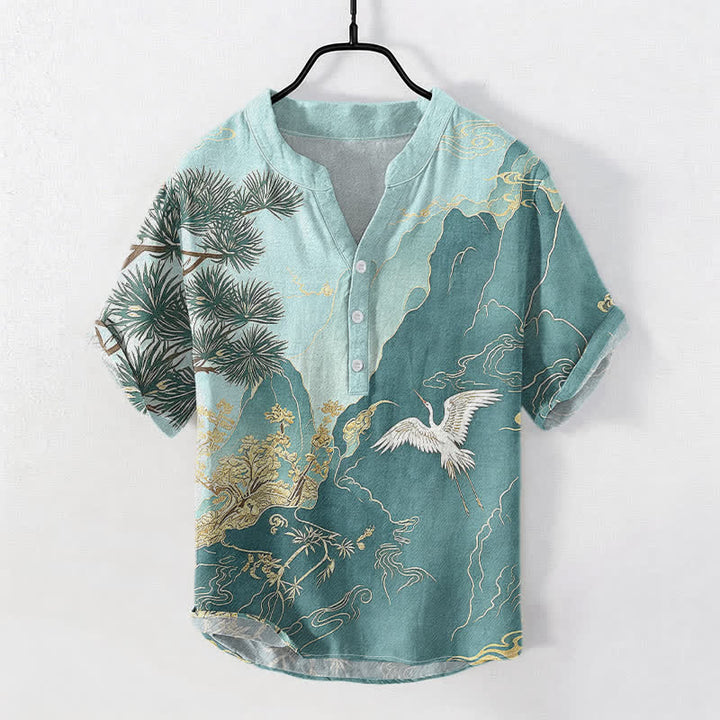 Buddha Stones Cotton Oriental Mountain Crane Landscape Pattern Men's Short Sleeve Half Button Shirt - CadetBlue - US/UK/AU50，EU60 (5XL) - image 5