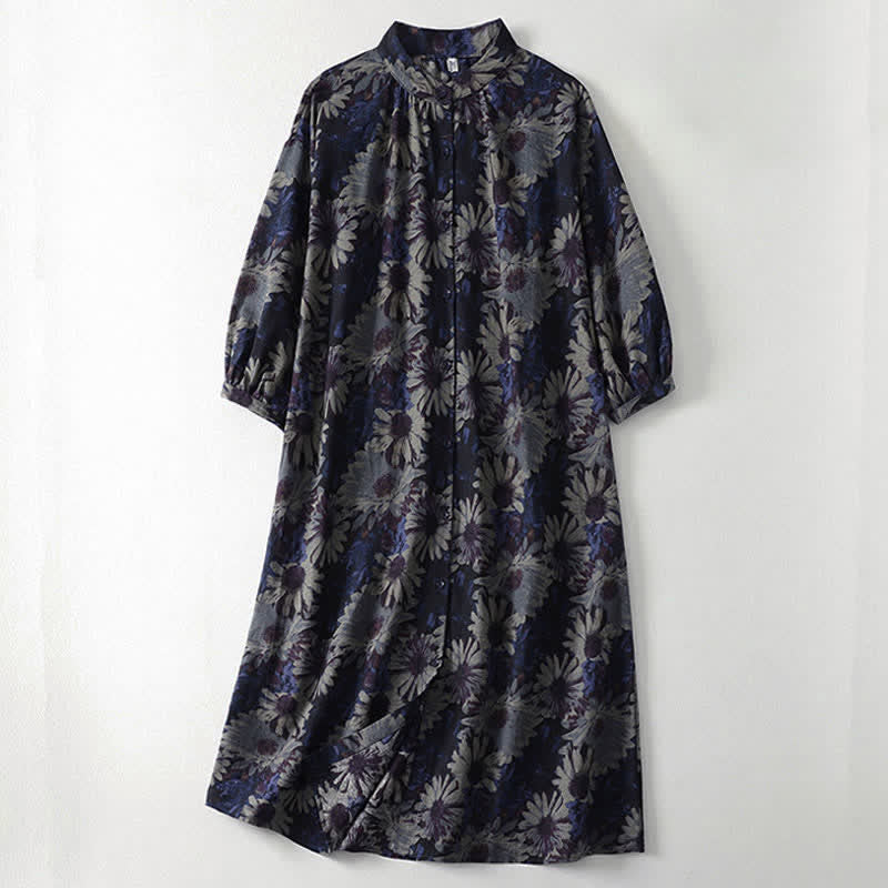 Buddha Stones Spring Vintage Mandarin Collar Button-Up Floral Print Women's Elbow-Length Sleeve Dress With Pockets - MidnightBlue - US12，UK/AU16，EU44 (2XL) - image 0