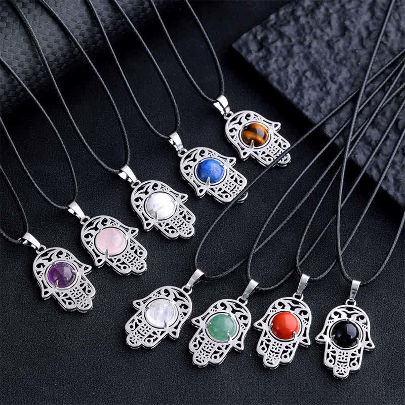 Buddha Stones Natural Black Obsidian Hamsa Palm Inlay Crystal Strength Necklace - image 20
