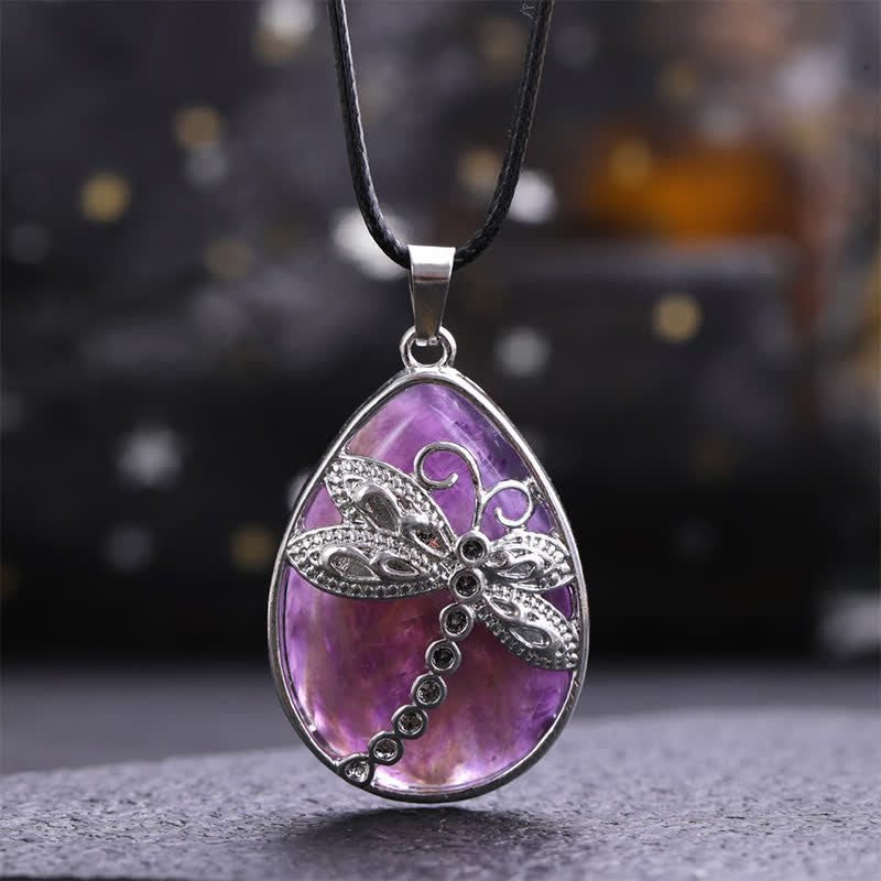 Buddha Stones Natural Green Aventurine Dragonfly Teardrop Shape Inlay Crystal Balance Necklace - Natural Amethyst(Color May Vary) - image 22