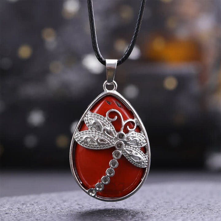 Buddha Stones Natural Green Aventurine Dragonfly Teardrop Shape Inlay Crystal Balance Necklace - Natural Red Agate(Color May Vary) - image 7