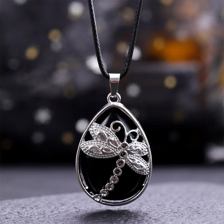 Buddha Stones Natural Green Aventurine Dragonfly Teardrop Shape Inlay Crystal Balance Necklace - Natural Black Obsidian(Color May Vary) - image 13