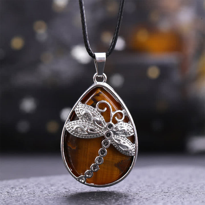 Buddha Stones Natural Green Aventurine Dragonfly Teardrop Shape Inlay Crystal Balance Necklace - Natural Tiger Eye(Color May Vary) - image 4