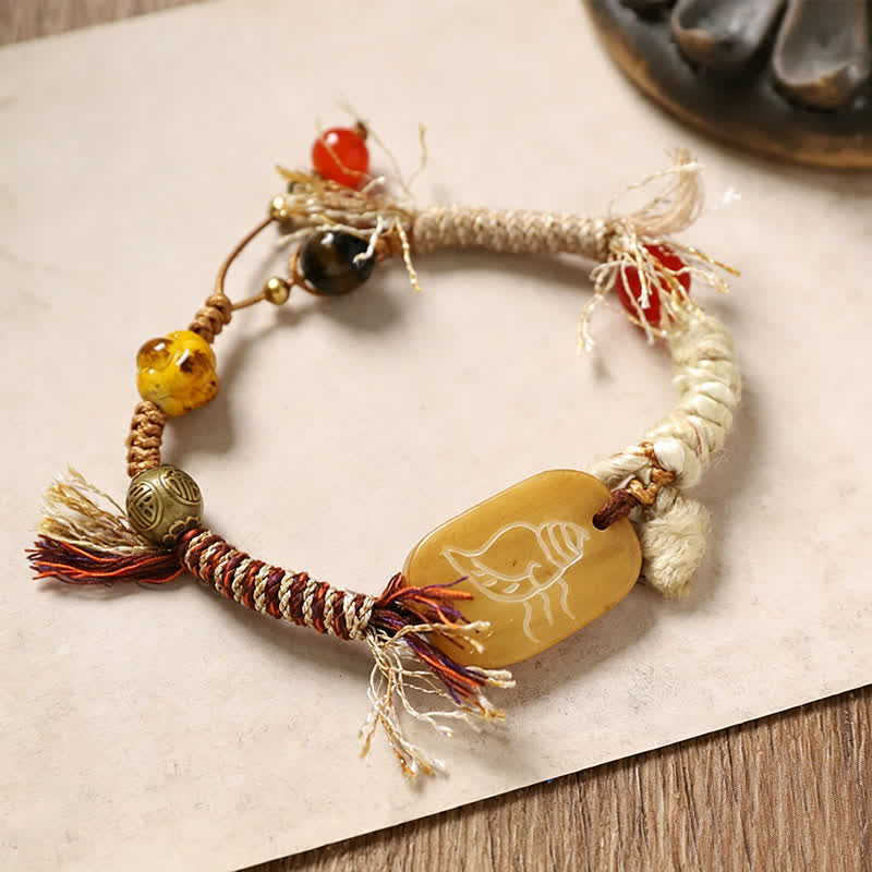 Buddha Stones Bone Fu Character Braided Rope Peace Bracelet - Conch Pattern Bone(Wrist Circumference:20-22cm) - image 2