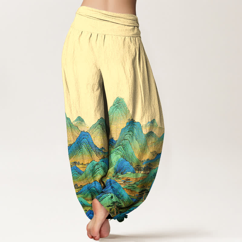 Buddha Stones Pure Cotton Blue Green Mountain Landscape Pattern Women's Elastic Waist Harem Pants - image 6