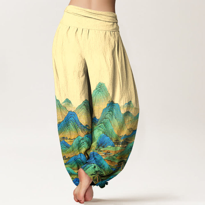 Buddha Stones Pure Cotton Blue Green Mountain Landscape Pattern Women's Elastic Waist Harem Pants - image 6