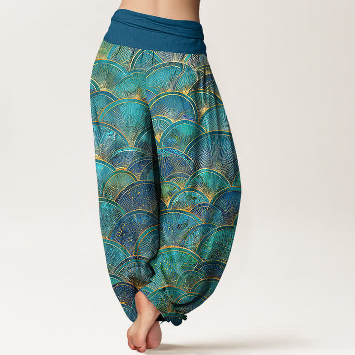 Buddha Stones Pure Cotton Turquoise Fan Pattern Women's Elastic Waist Harem Pants - image 1