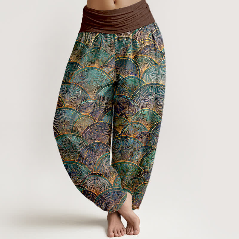 Buddha Stones Pure Cotton Turquoise Fan Pattern Women's Elastic Waist Harem Pants - SaddleBrown - US16，UK/AU20，EU48 (3XL) - image 5